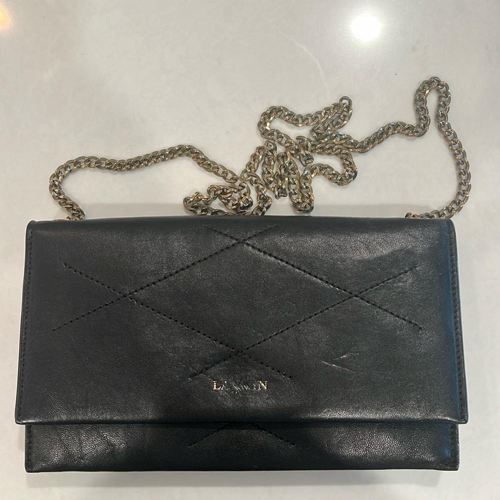 Lanvin Black Leather Mini Shoulder Bag with Gold Chain Faded Gold Stamp